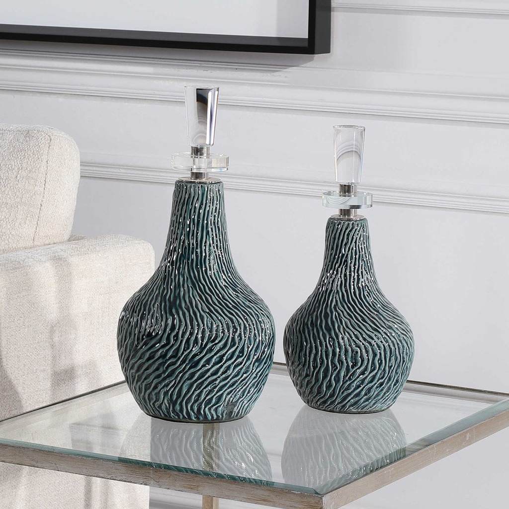 Decorative View. Set of two ceramic bottles feature an organic textured finish in a distressed dark