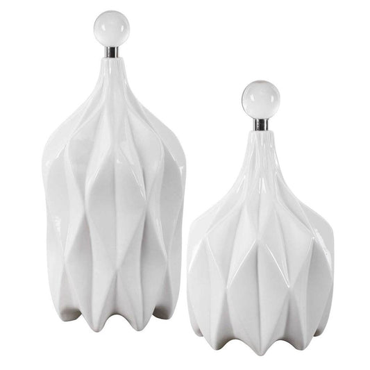 Front View. Modern style emanates from this set of decorative ceramic bottles with an embossed geome