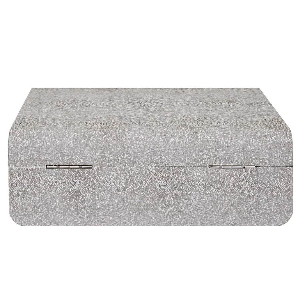 Back View. Inspired by the art deco era, this decorative box showcases a faux white shagreen wrapped