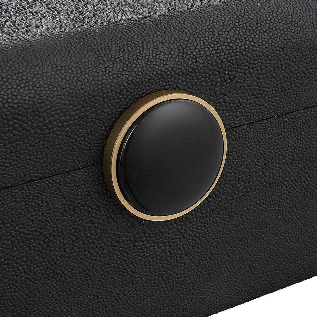 Close-Up View. Inspired by the art deco era, this decorative box showcases a faux black shagreen wra