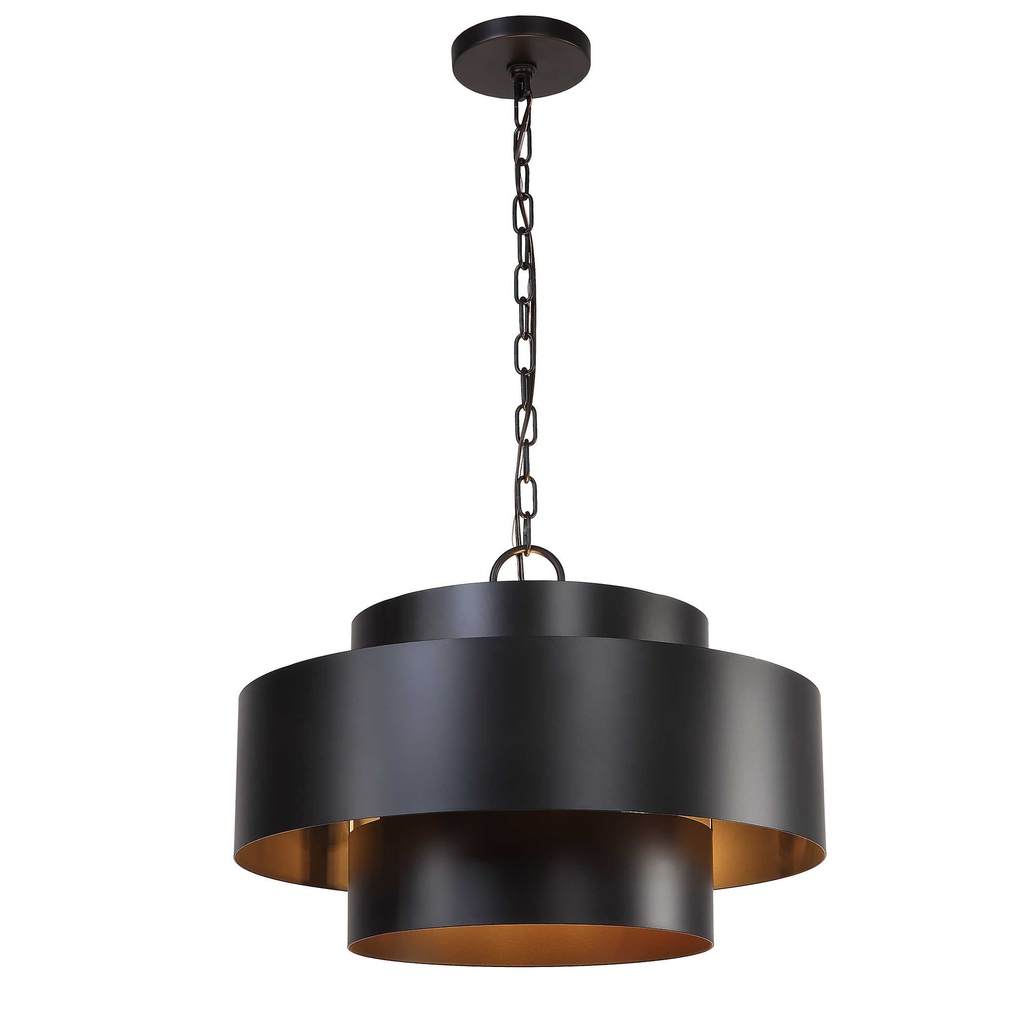 Front View. The Youngstown four light pendant features rich dark bronze inter-stacked cylinders that