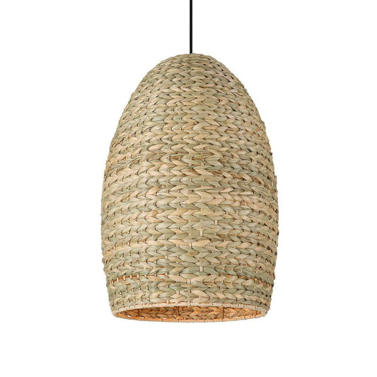 Front View. The Cardamom has an organic handwoven natural corn rope shade that has an earthy relaxed