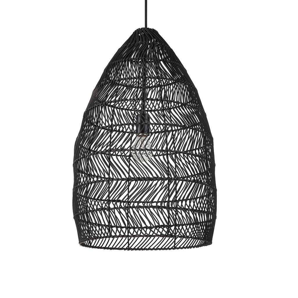 Front View. The Nandi one light pendant has a hand woven matte black open weave rattan shade and mat