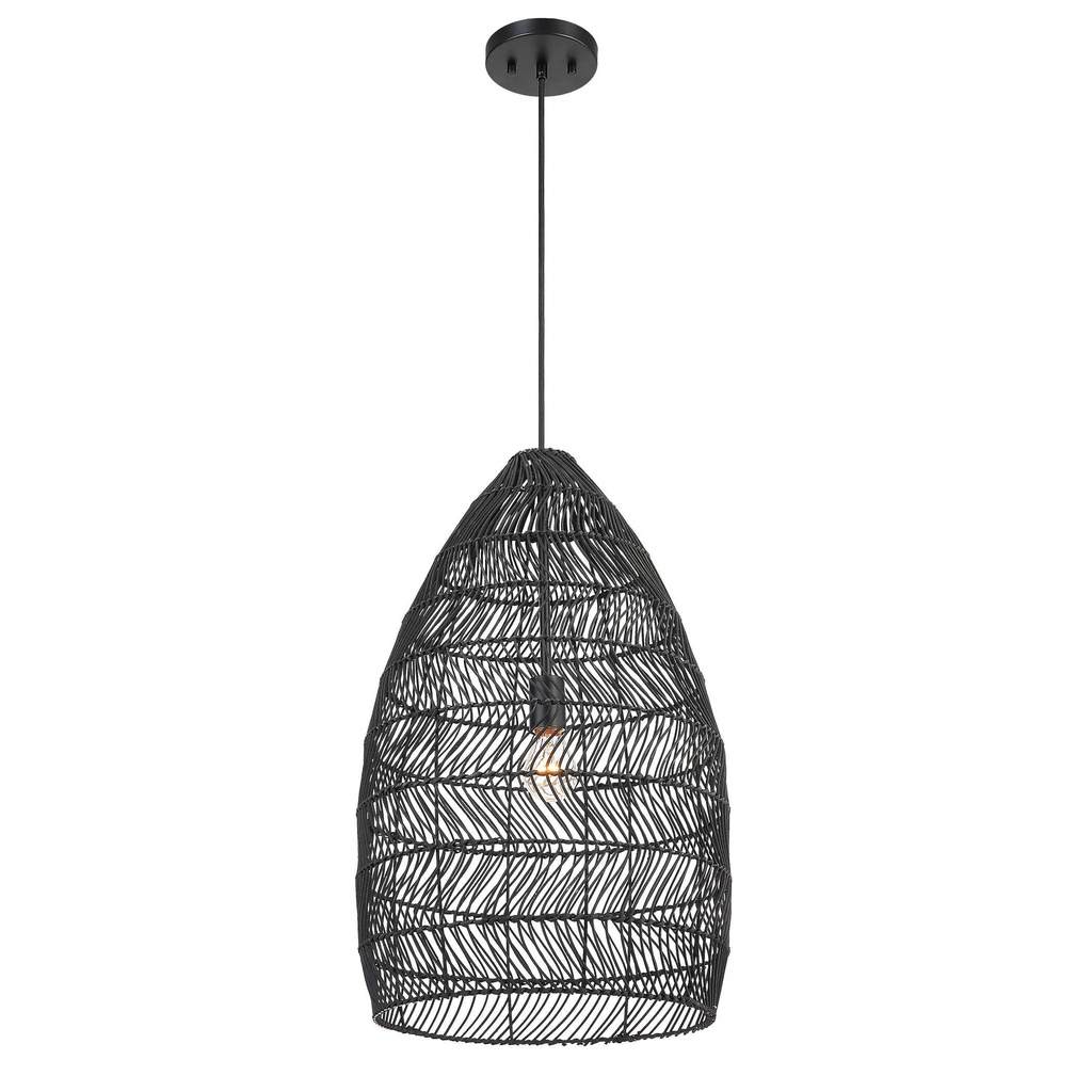 Angle View. The Nandi one light pendant has a hand woven matte black open weave rattan shade and mat