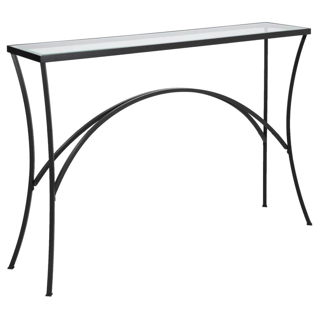 Angle View. The Alayna Console Table features gracefully arched hand forged metal that is finished i