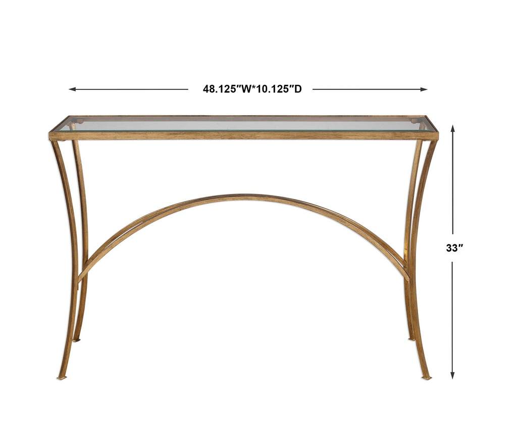 Measurement View. The Alayna Console Table features gracefully arched hand forged iron that is finis