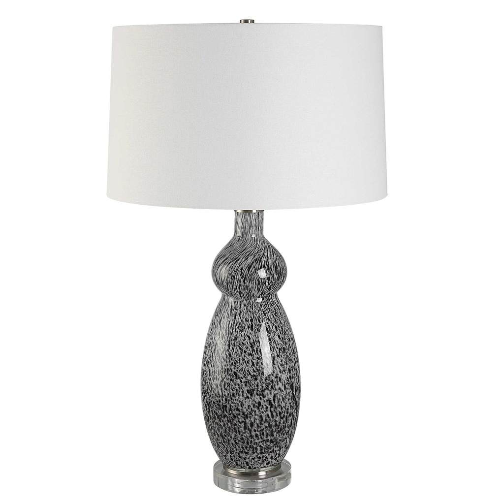 Front View. The Velino Curvy Glass Table Lamp base features a soft gray background with mottled blac