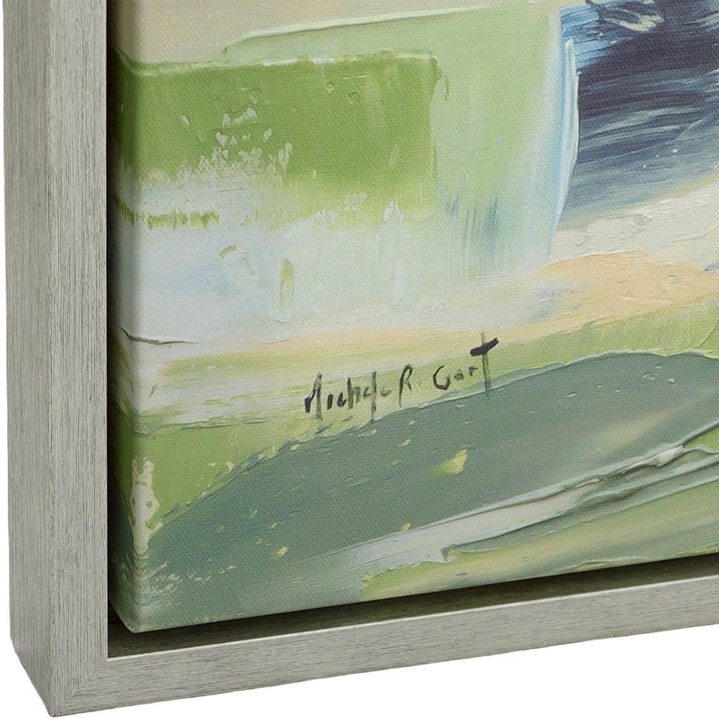 Close-Up View. The for his glory artwork displays an abstract landscape with chartreuse pastures and