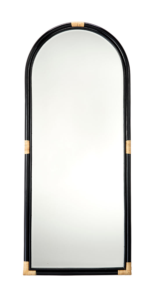 Front View. This gently arched, full length floor mirror’s rattan frame is subtly embellished with d