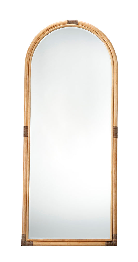 Front View. This gently arched, full length floor mirror’s rattan frame is subtly embellished with d