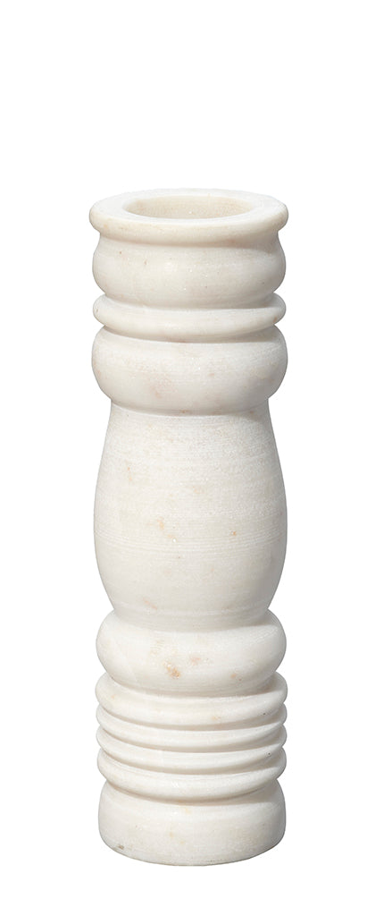 Front View. Beautifully artisan-carved of cool white stone, this set of three candlesticks pair clas