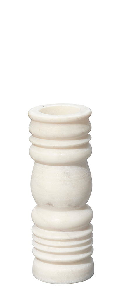 Front View. Beautifully artisan-carved of cool white stone, this set of three candlesticks pair clas