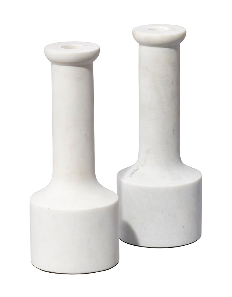 Front View. Beautifully artisan-carved of clean, crisp white marble, this set of two candlesticks is