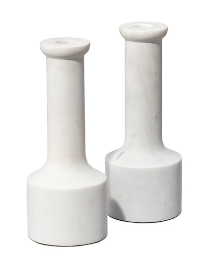 Front View. Beautifully artisan-carved of clean, crisp white marble, this set of two candlesticks is