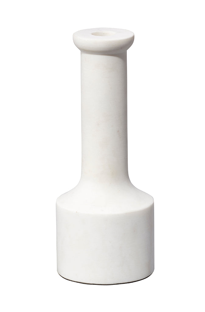 Front View. Beautifully artisan-carved of clean, crisp white marble, this set of two candlesticks is