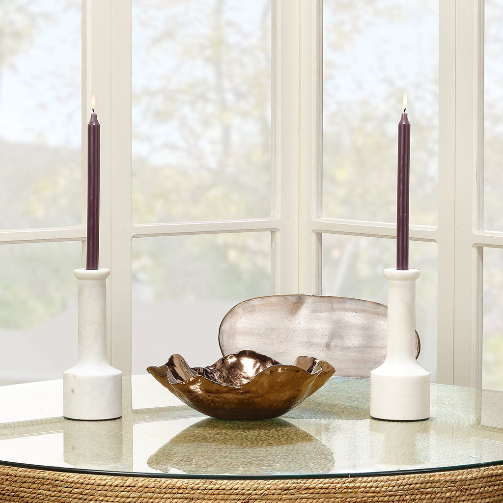 Decorative View. Beautifully artisan-carved of clean, crisp white marble, this set of two candlestic