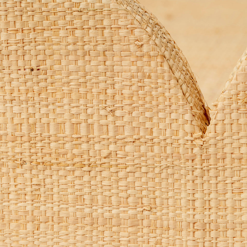 Close-Up View. Casual yet cosmopolitan, the unexpected pairing of tropical raffia with clear cultiva