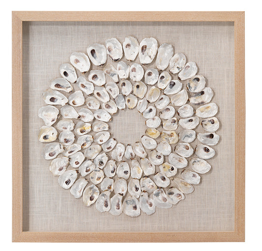 Front View. An assortment of natural abalone shells are arranged into shrinking concentric circles t