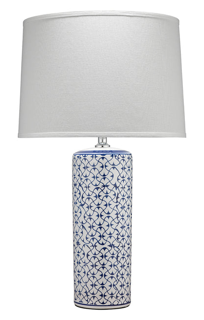 Front View. The delicate blue pattern on this ceramic table lamp is painted by hand for an artisal a