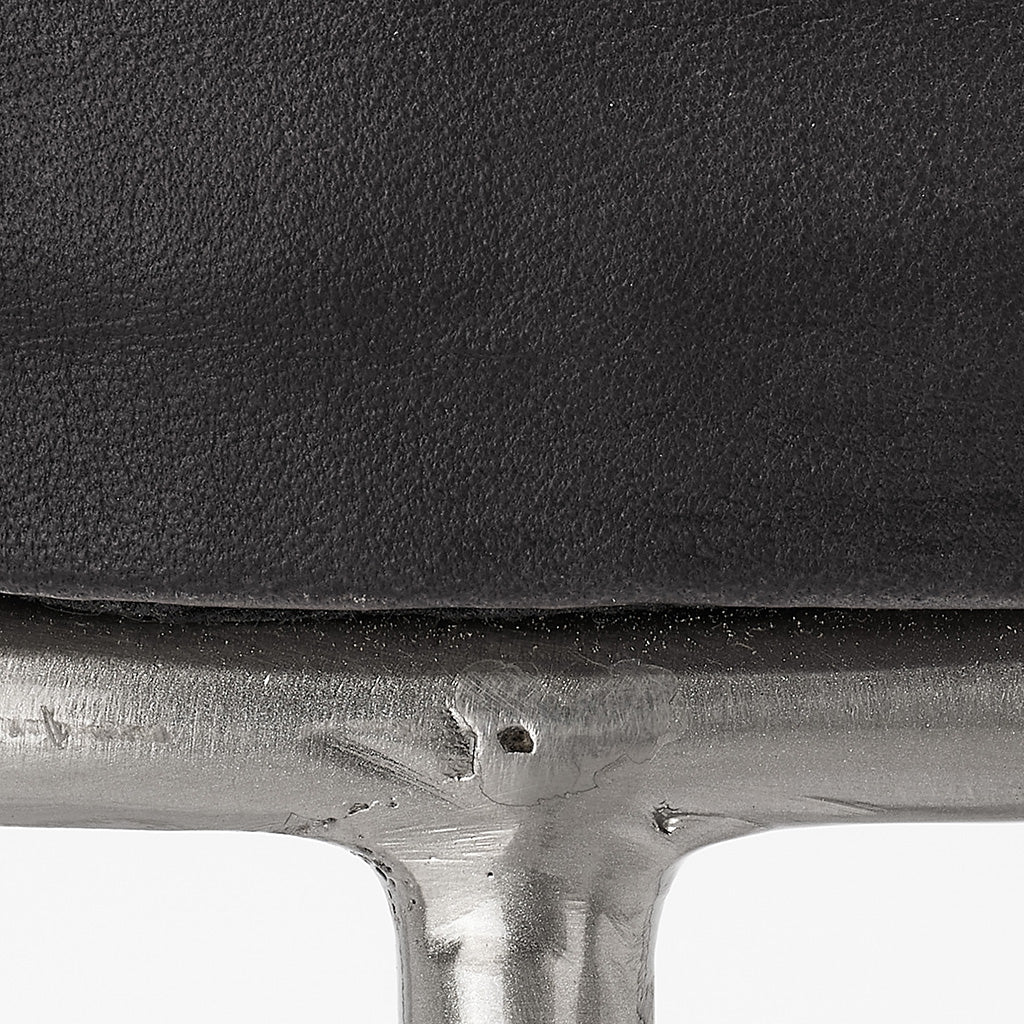 Close-Up View. These unique stools feature a comfortably padded round seat in top-quality leather th