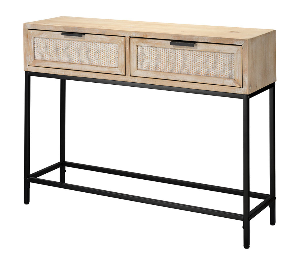 Angle View. Natural materials meet modern functionality in our clean-lined console table. Crafted of