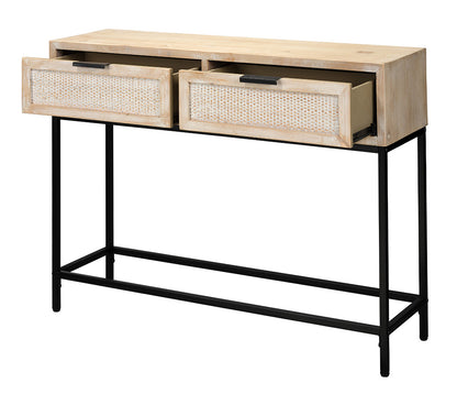 Angle View. Natural materials meet modern functionality in our clean-lined console table. Crafted of