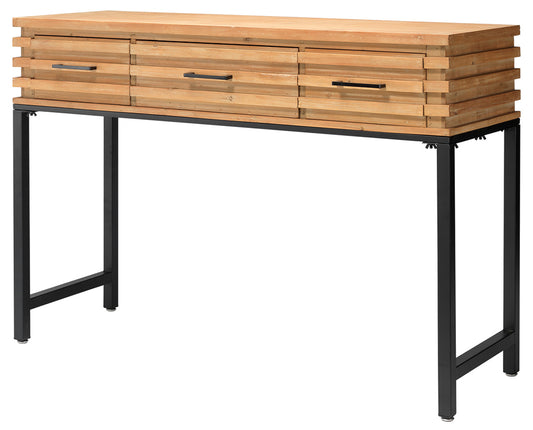 Front View. Industrial modern loft style slatted wood console table with black metal base has a rugg