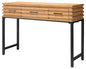 Front View. Industrial modern loft style slatted wood console table with black metal base has a rugg