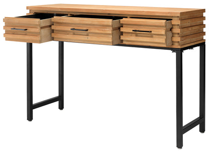 Front View. Industrial modern loft style slatted wood console table with black metal base has a rugg