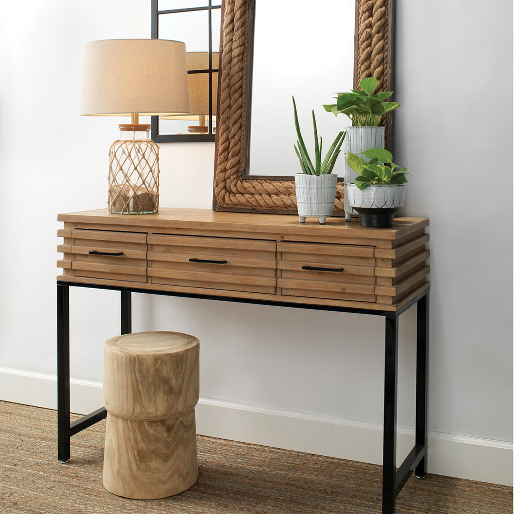 Decorative View. Industrial modern loft style slatted wood console table with black metal base has a