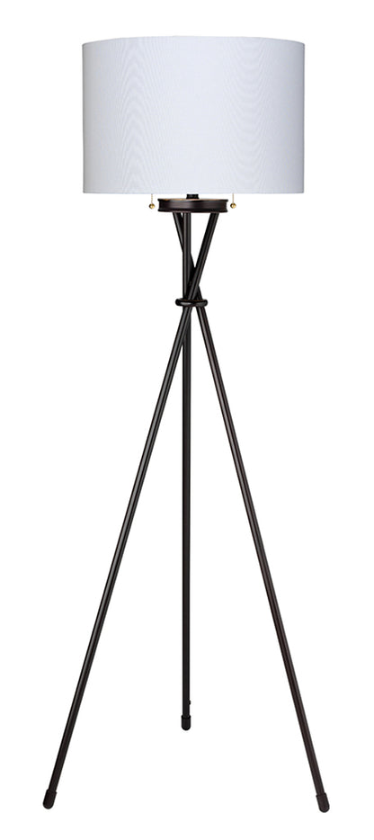 Front View. A contemporary take on the mid-century tripod, this floor lamp features three metal legs