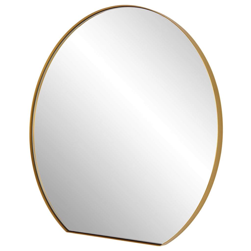 Angle View. The Cabell Small Mirror is sleek and contemporary,  with a flattened bottom. It features