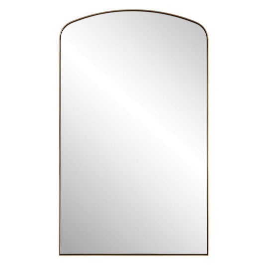 Front View. Crafted with a sleek stainless steel frame, the tordera arch mirror features a brass pla