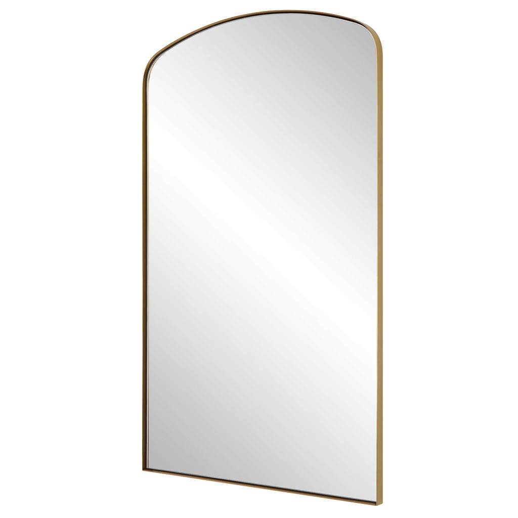 Angle View. Crafted with a sleek stainless steel frame, the tordera arch mirror features a brass pla