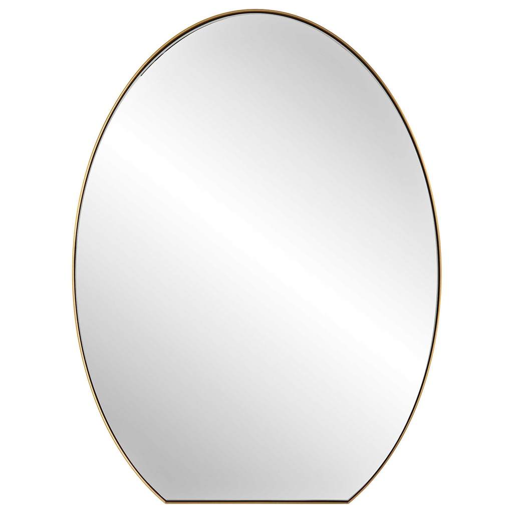 Front View. The Cabell is a sleek, contemporary, oval mirror with a flattened bottom. It features a 