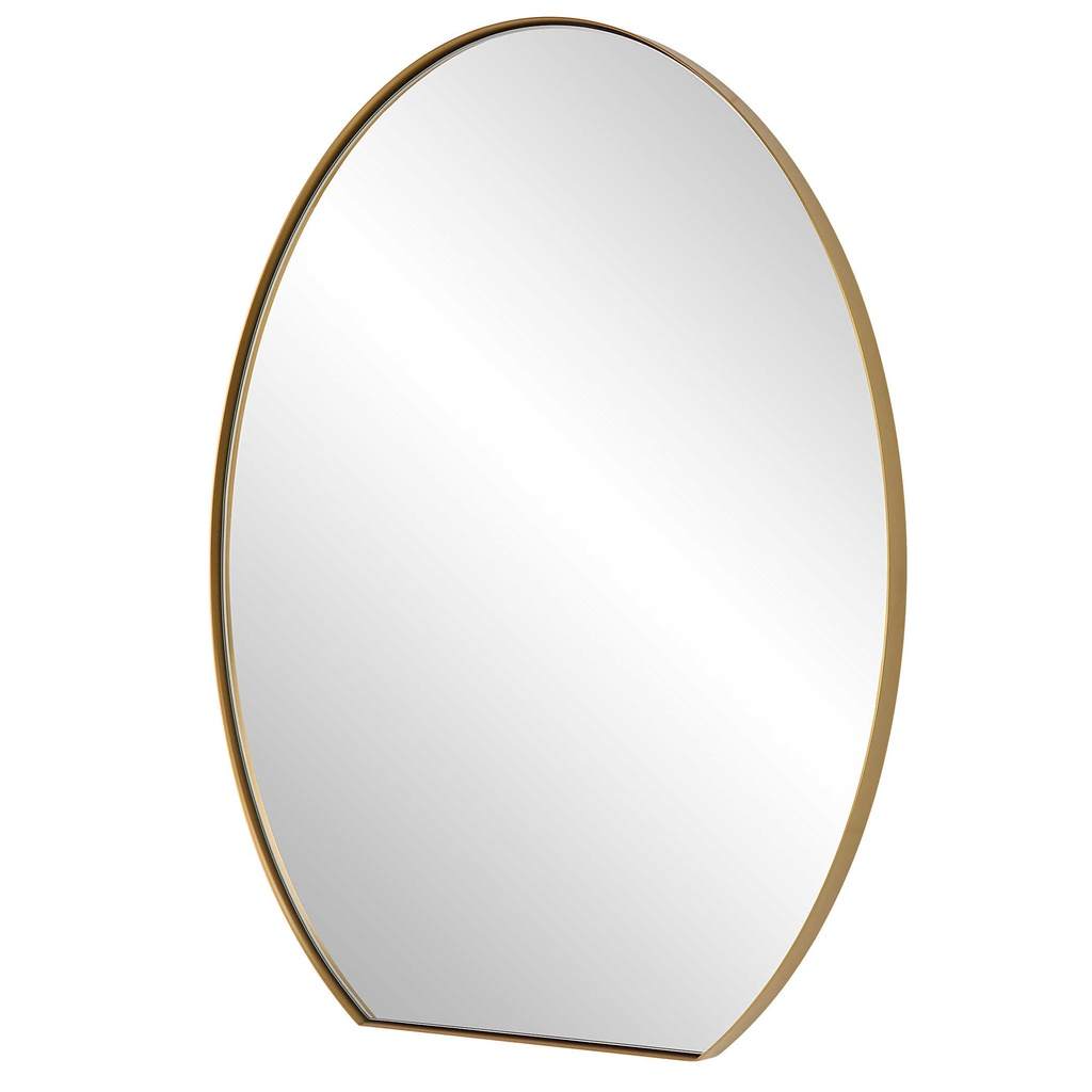 Angle View. The Cabell is a sleek, contemporary, oval mirror with a flattened bottom. It features a 