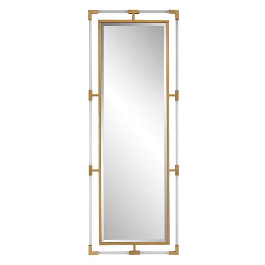 Front View. The balkan tall mirror features forged iron finished in a metallic gold leaf with suspen