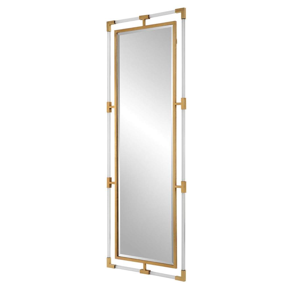 Angle View. The balkan tall mirror features forged iron finished in a metallic gold leaf with suspen