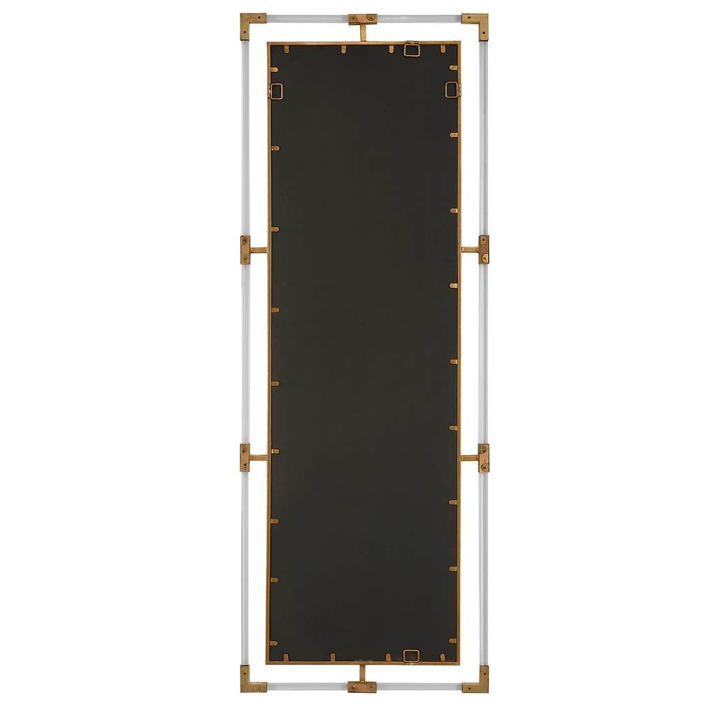 Back View. The balkan tall mirror features forged iron finished in a metallic gold leaf with suspend