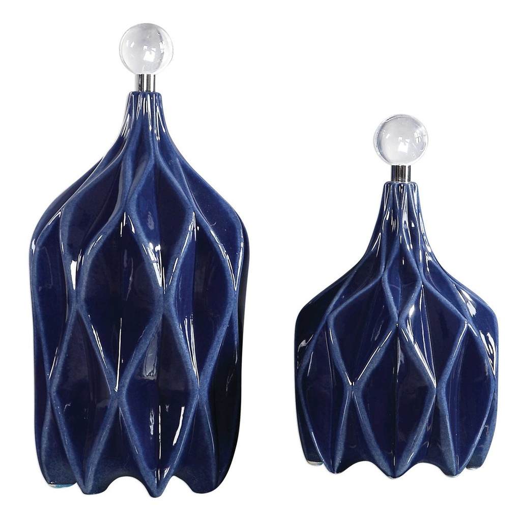 Front View. Modern style emanates from this set of decorative ceramic bottles with an embossed geome