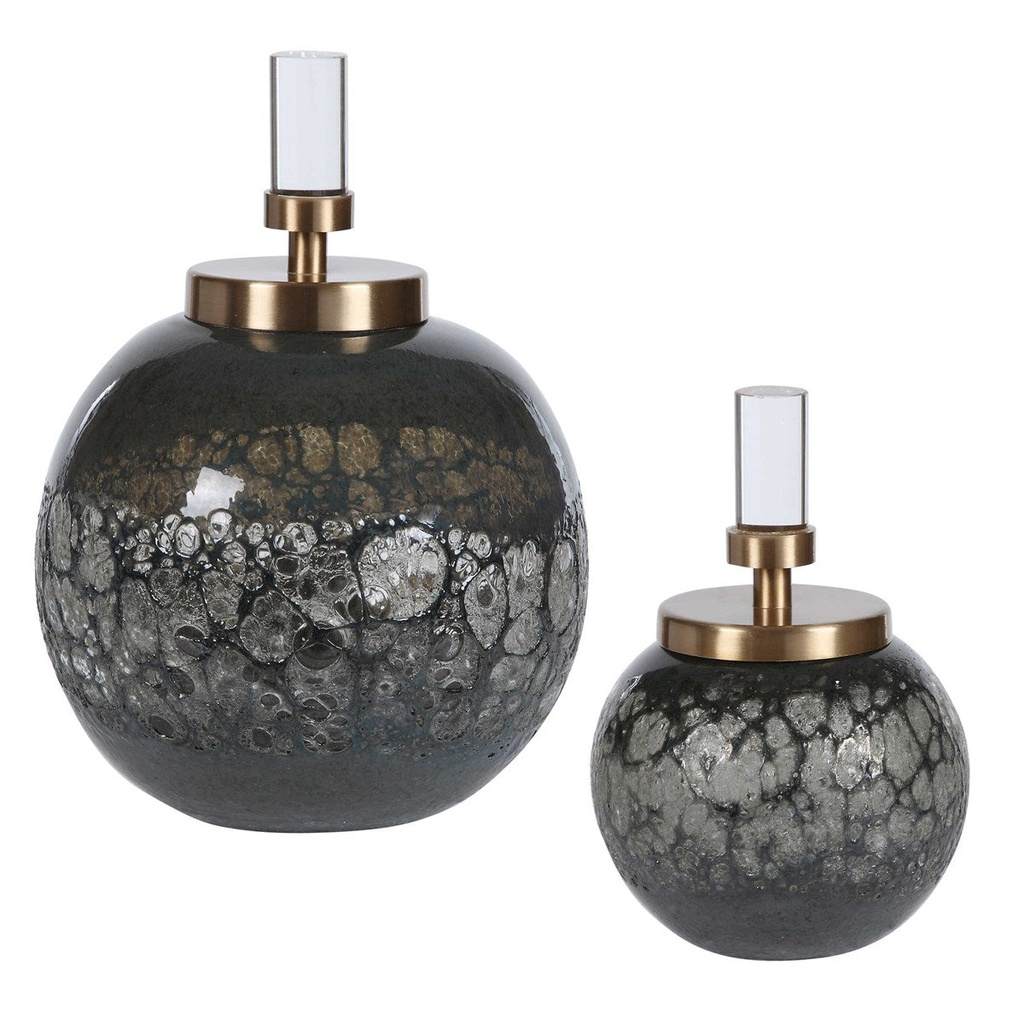 Front View. Set of two art glass bottles feature organic texture with an iridescent blue-gray hue. E