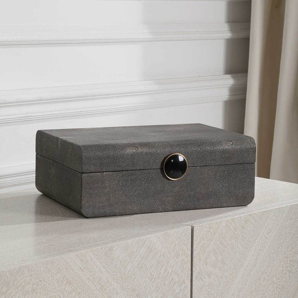 Decorative View. Inspired by the art deco era, this decorative box showcases a faux smoke gray shagr