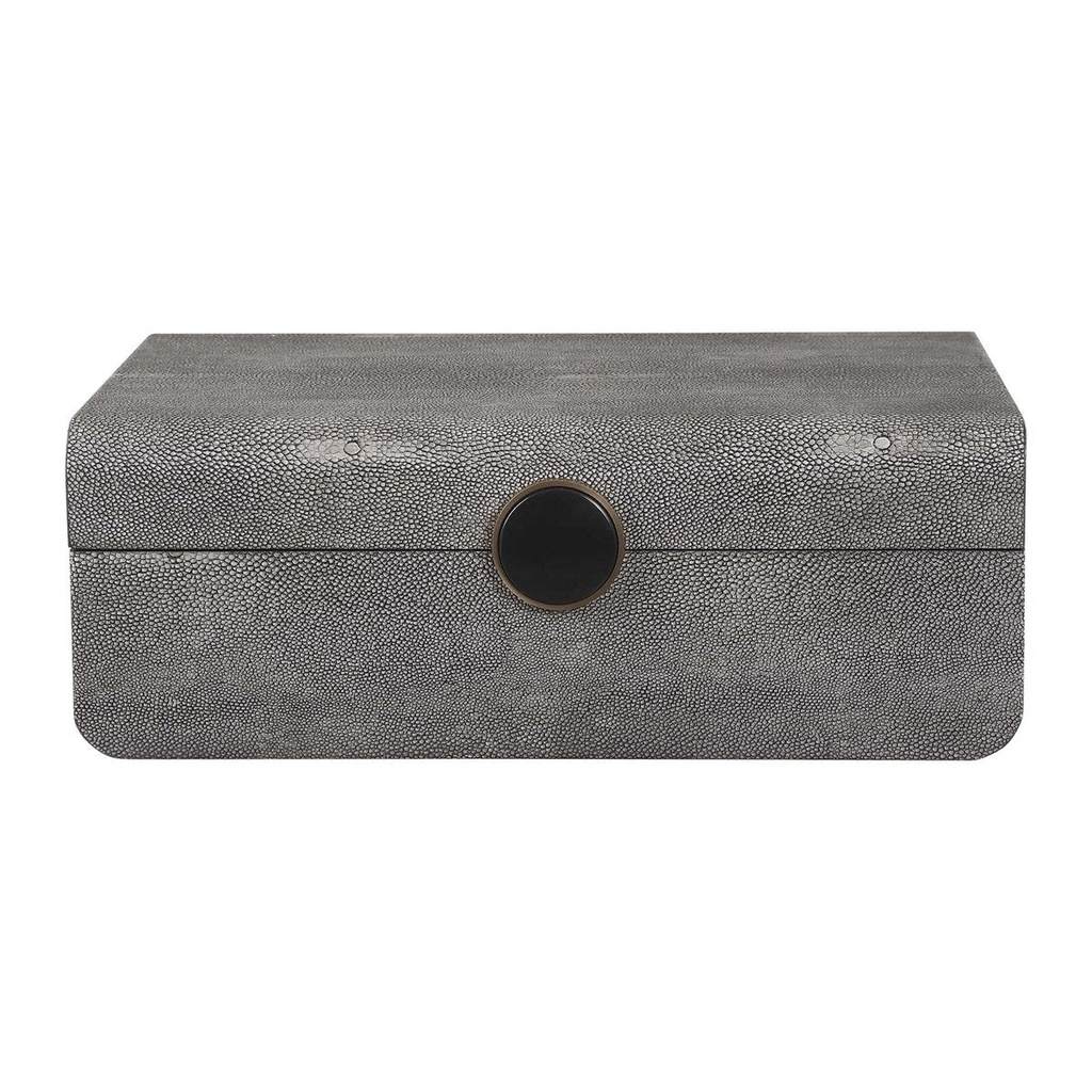 Front View. Inspired by the art deco era, this decorative box showcases a faux smoke gray shagreen w