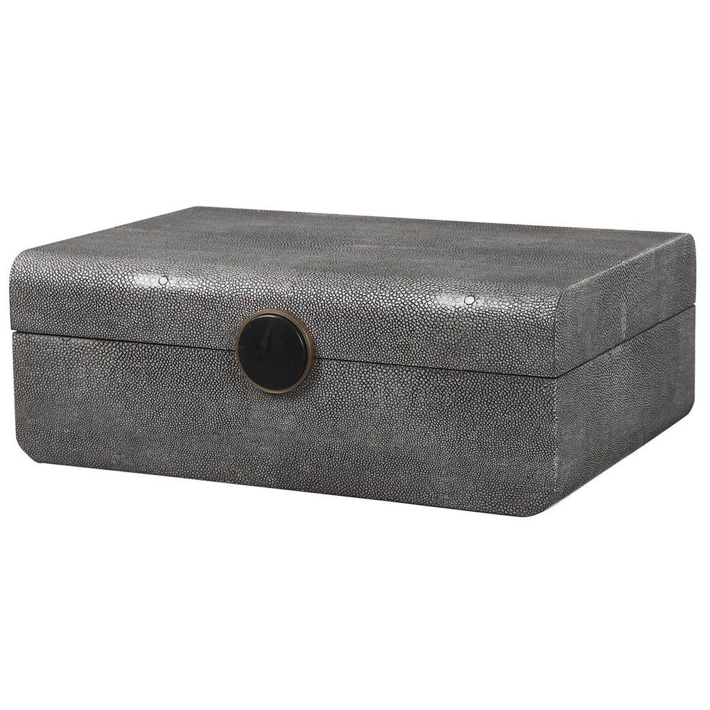 Angle View. Inspired by the art deco era, this decorative box showcases a faux smoke gray shagreen w