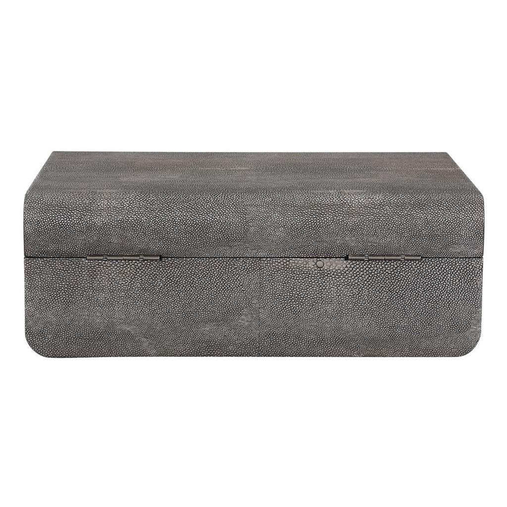 Back View. Inspired by the art deco era, this decorative box showcases a faux smoke gray shagreen wr