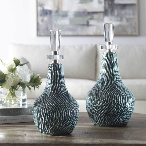 Decorative View. Set of two ceramic bottles feature an organic textured finish in a distressed dark 