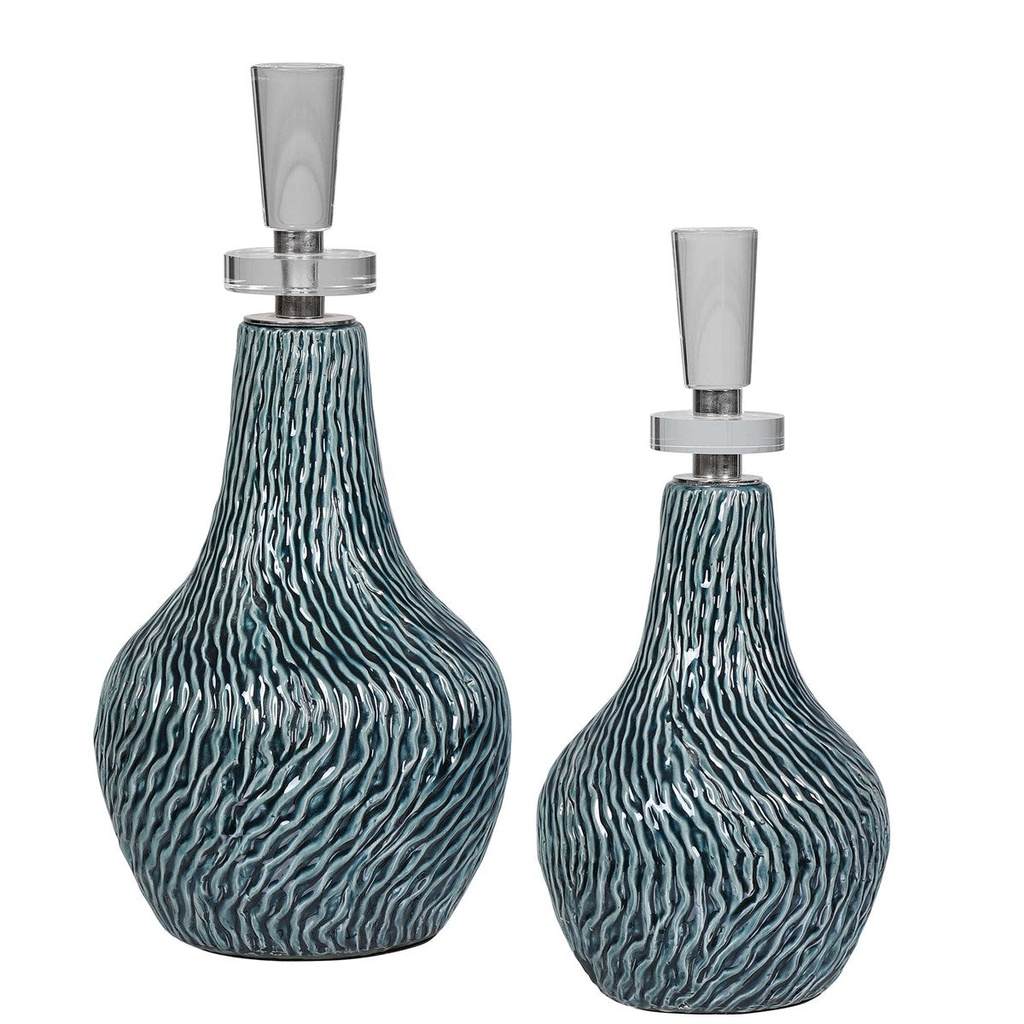 Front View. Set of two ceramic bottles feature an organic textured finish in a distressed dark teal 