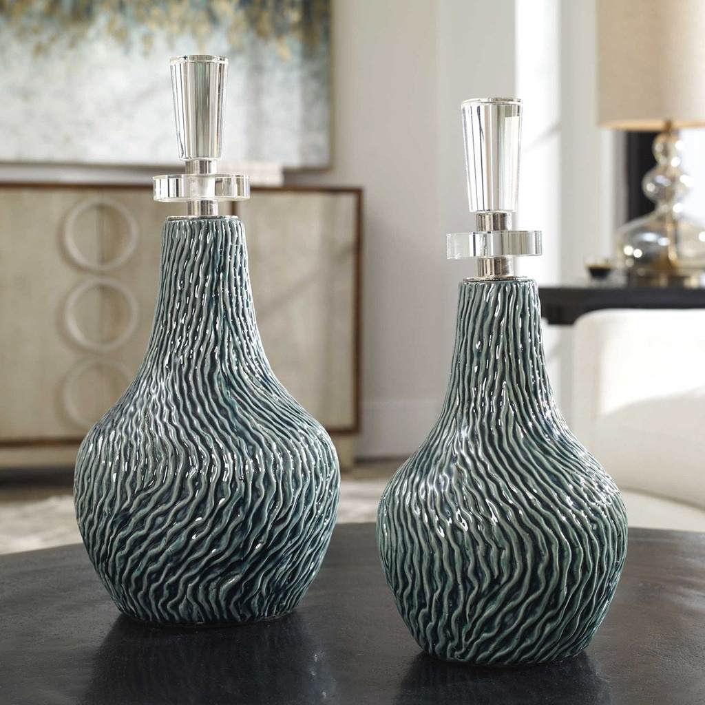Decorative View. Set of two ceramic bottles feature an organic textured finish in a distressed dark 