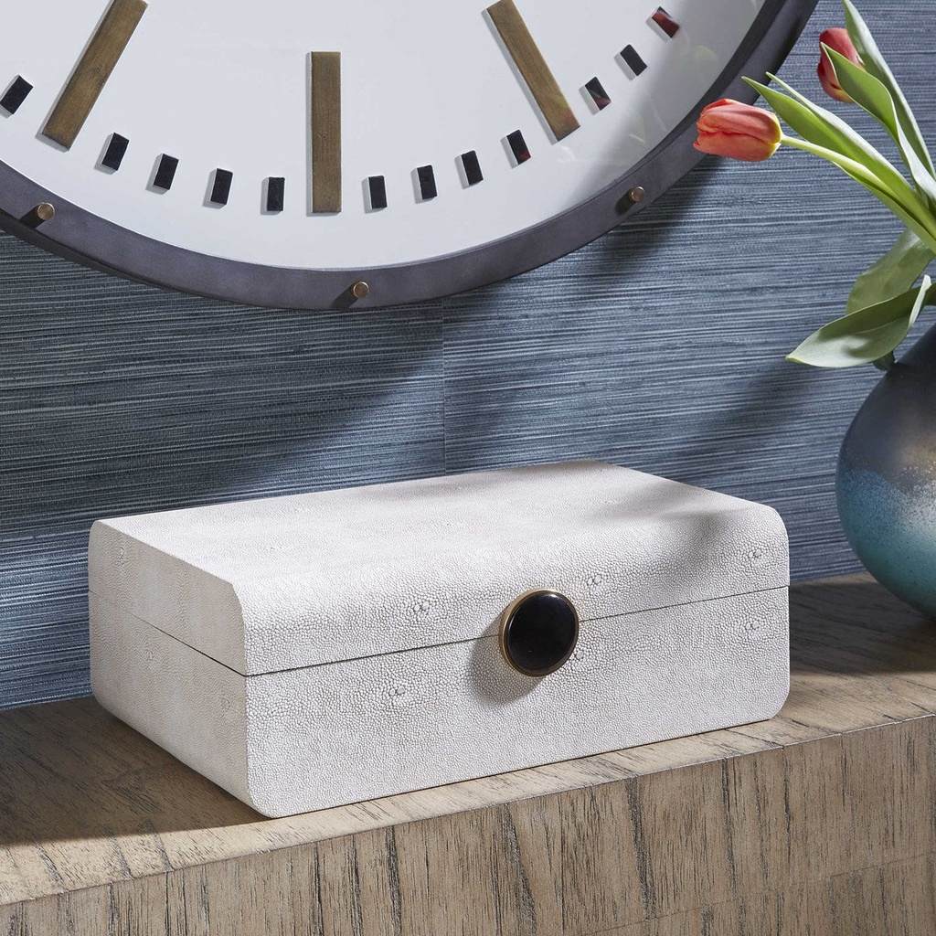 Decorative View. Inspired by the art deco era, this decorative box showcases a faux white shagreen w