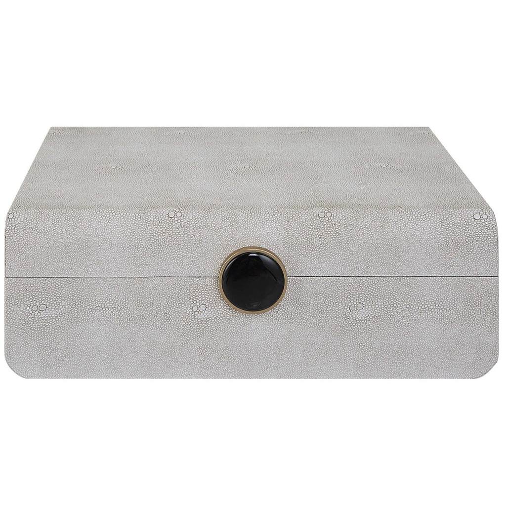 Front View. Inspired by the art deco era, this decorative box showcases a faux white shagreen wrappe